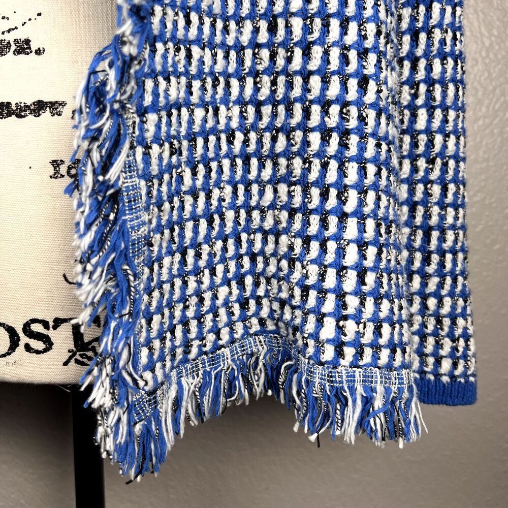 Kasper Womens L Blue White Black Waffle Knit Fringe Open Front Cardigan Jacket - Picture 4 of 11